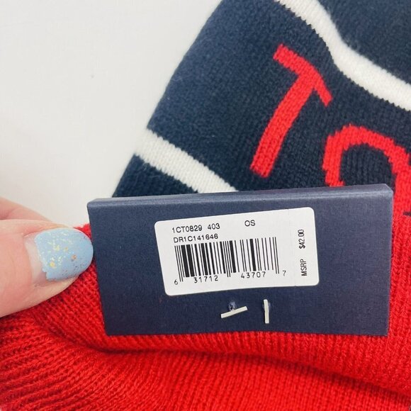 Tommy Hilfiger Men’s Beanie With Cuff And Top Knot Pom in Blue Red & White $42 - Picture 3 of 4